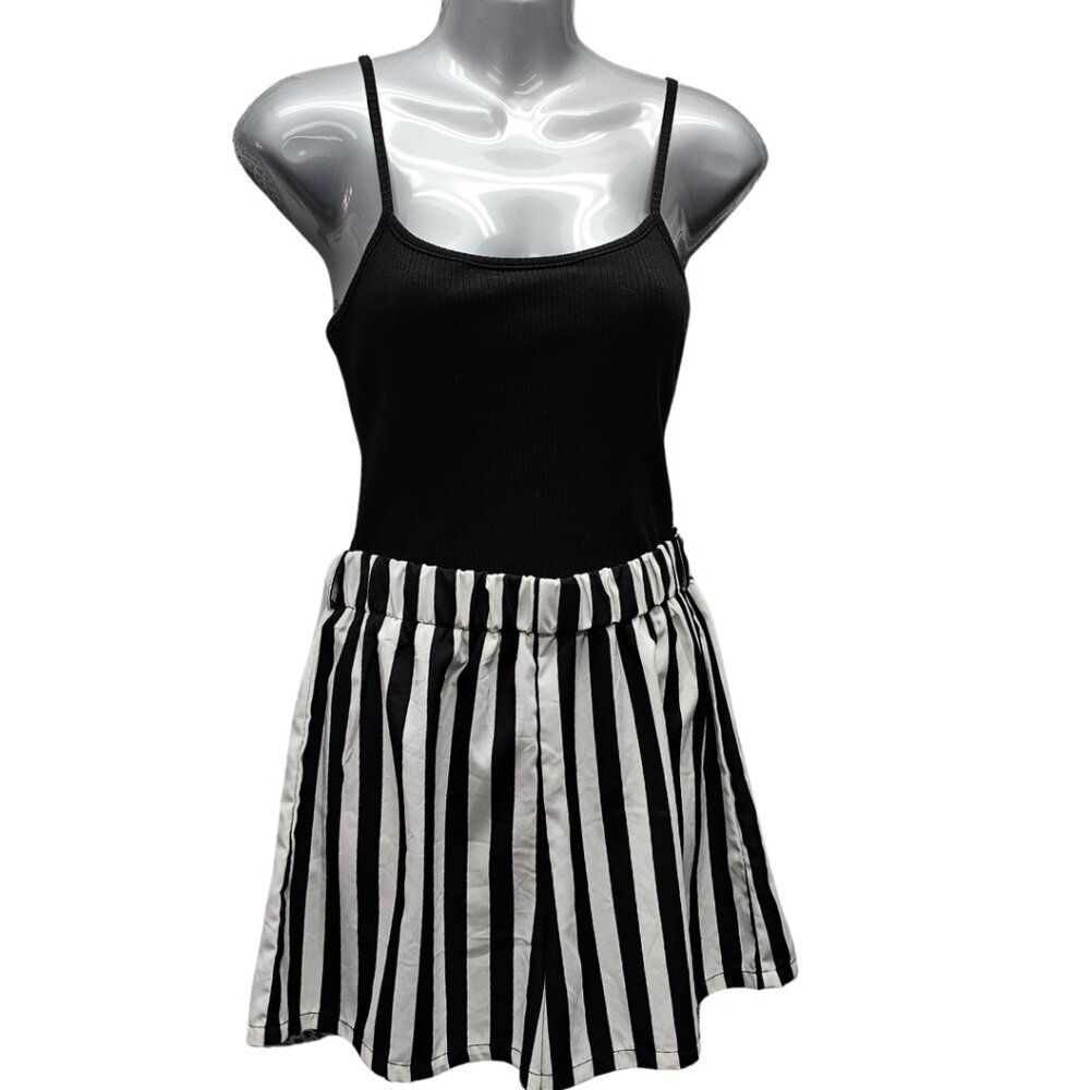 Colorblock Stripes Romper Black White Straps Goth Punk Beetlejuice Alternative M